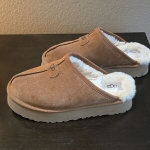 UGG Chestnut Suede Slippers with White Fur